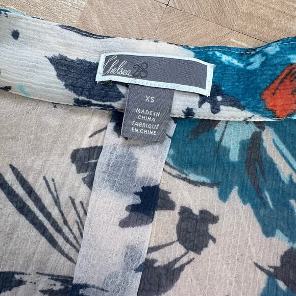 Chelsea 28 Pink Teal Floral Sheer Blouse Womens XS 3/4 Sleeve V-Neck Wrap Front - Picture 5 of 6